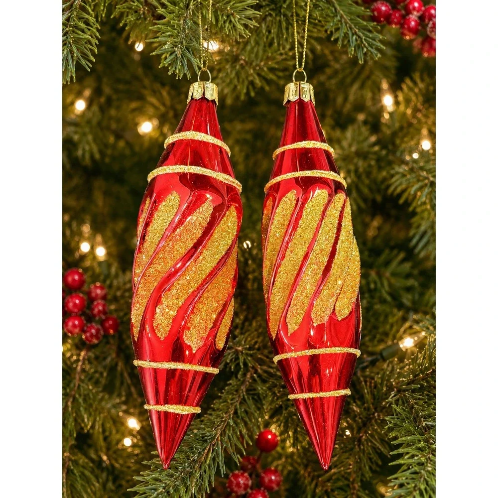 Pier 1 Imports Red Gold Glitter Swirl Glass Drop Christmas Ornaments Set of 2